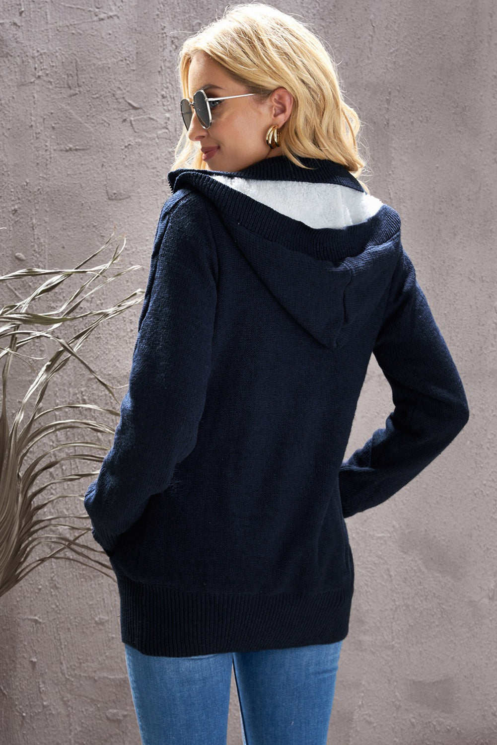 Women's Full Size Cable-Knit Fleece Lining Button-Up Hooded Cardigan