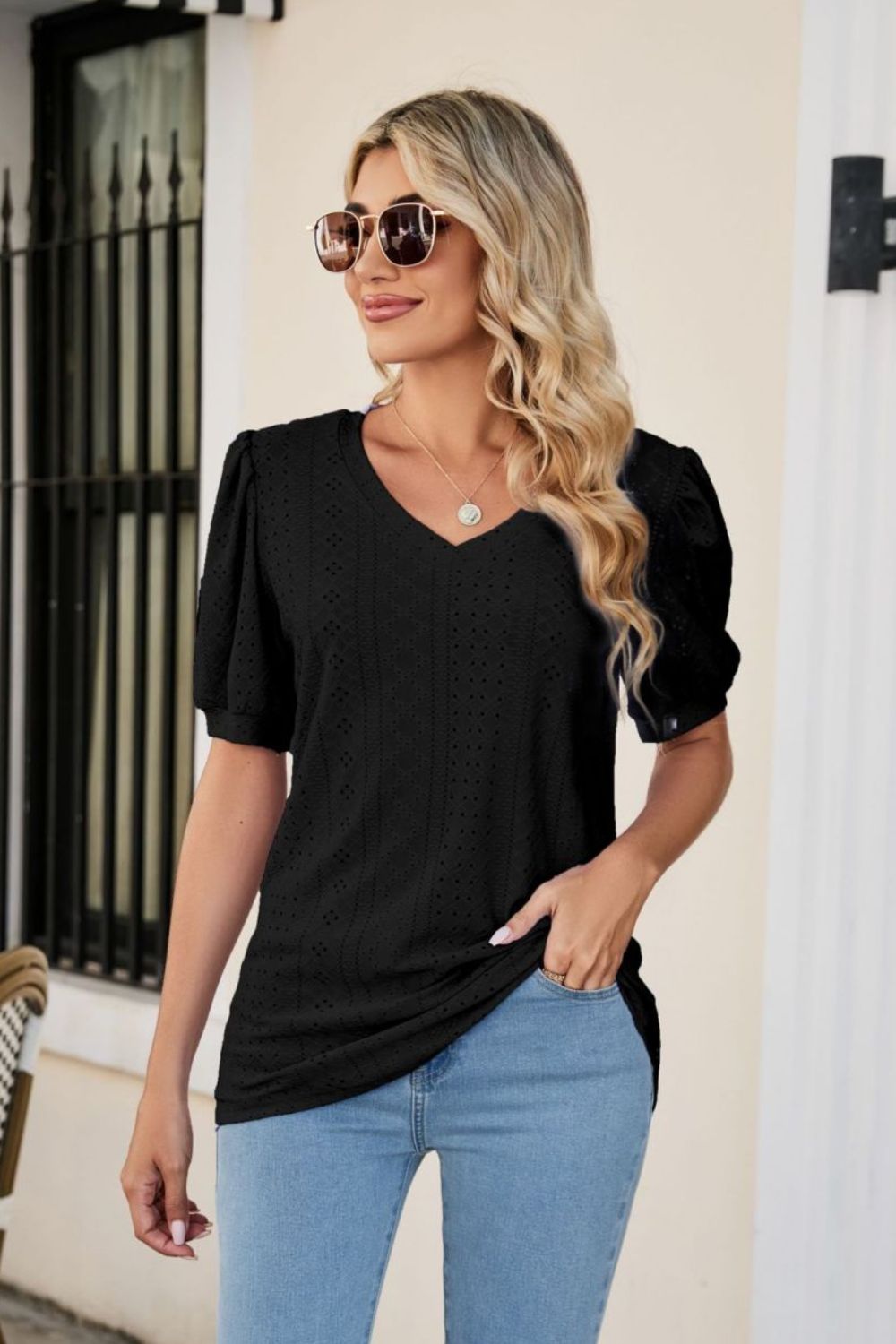 Full Size Eyelet Puff Sleeve V-Neck Top