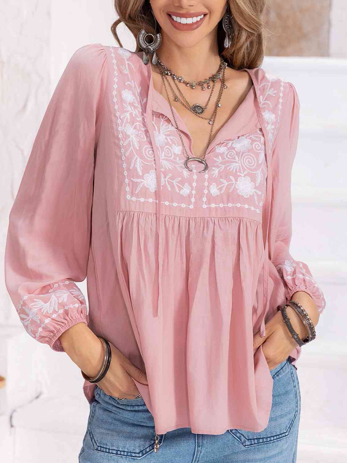 Aurora Lea Floral Tie Neck Balloon Sleeve Blouse