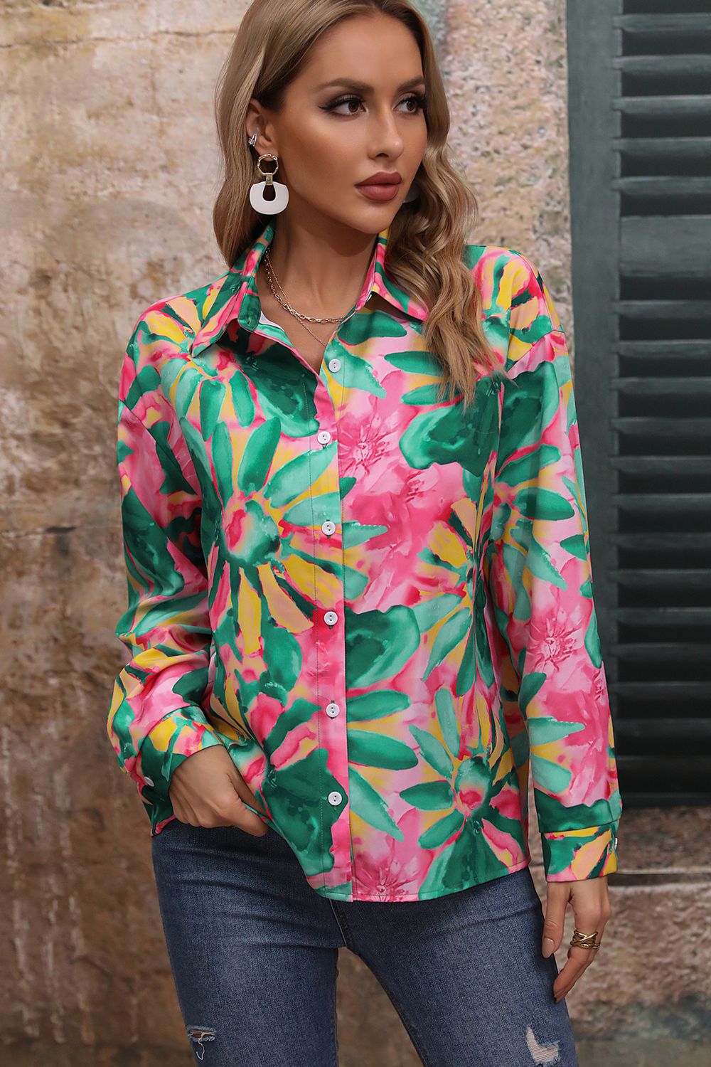 AuroraBlissX Floral Print Collared Neck Long Sleeve Shirt