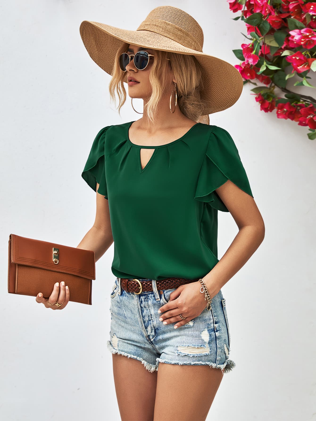 Women's Full Size Cutout Round Neck Petal Sleeve Blouse