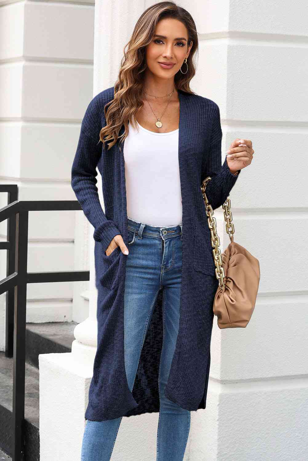 Full Size Open Front Slit Cardigan with Pockets