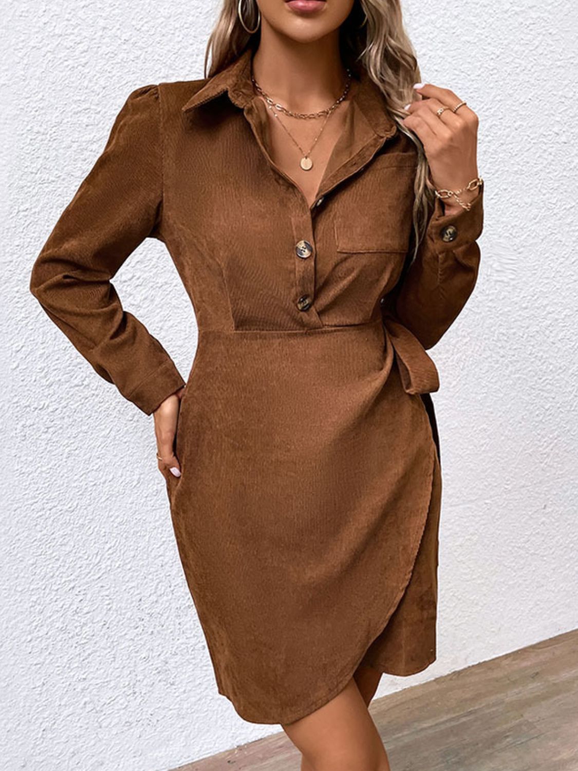 TrendSetEE Button-Down Collared Neck Long Sleeve Side Tie Dress