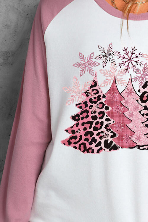Christmas Tree Graphic Round Neck Blush Pink Long Sleeve T-Shirt