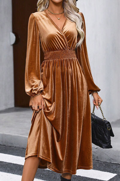 Surplice Balloon Sleeve Smocked Caramel Brown Midi Dress