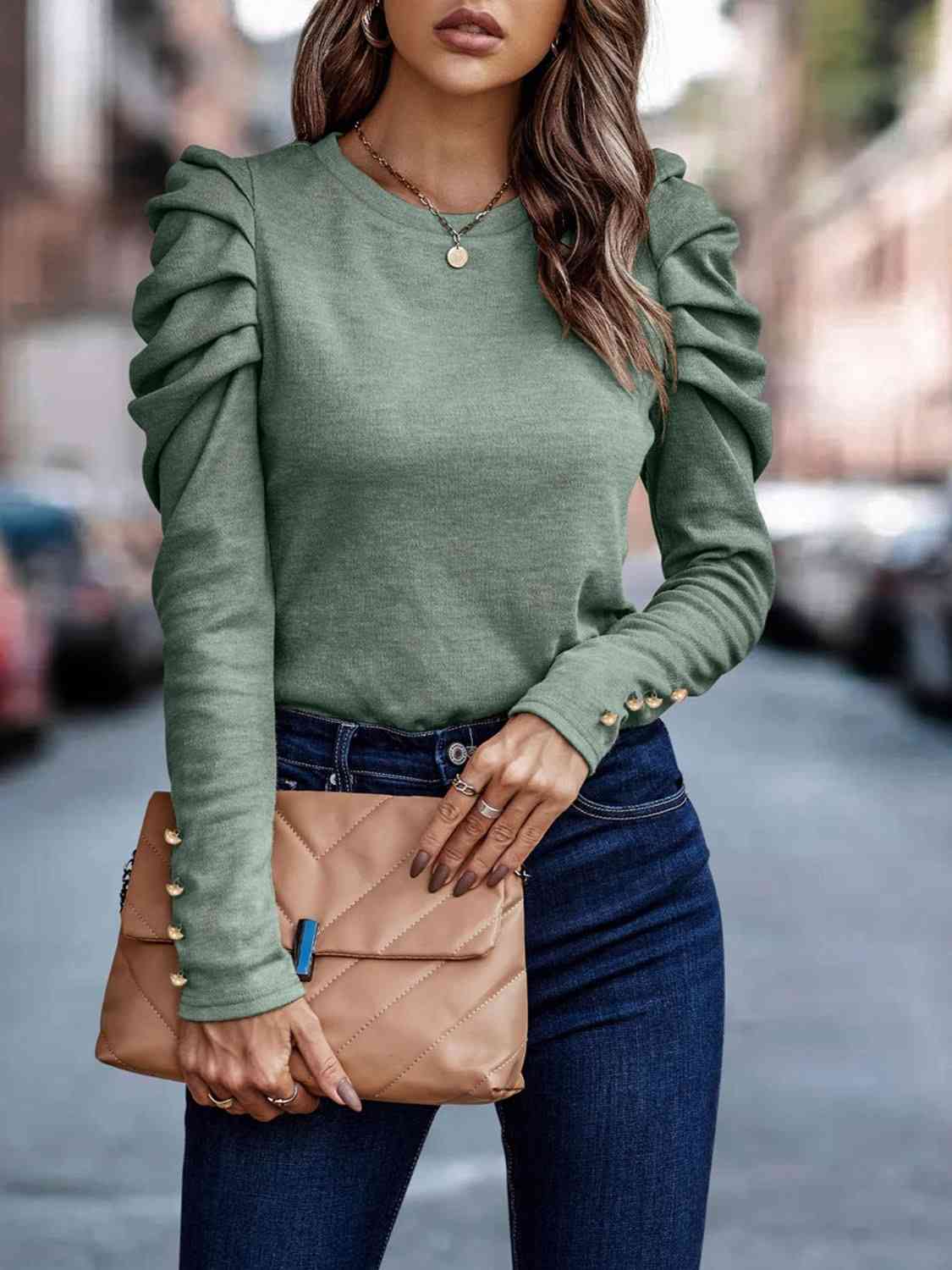 Full Size Decorative Button Puff Sleeve T-Shirt