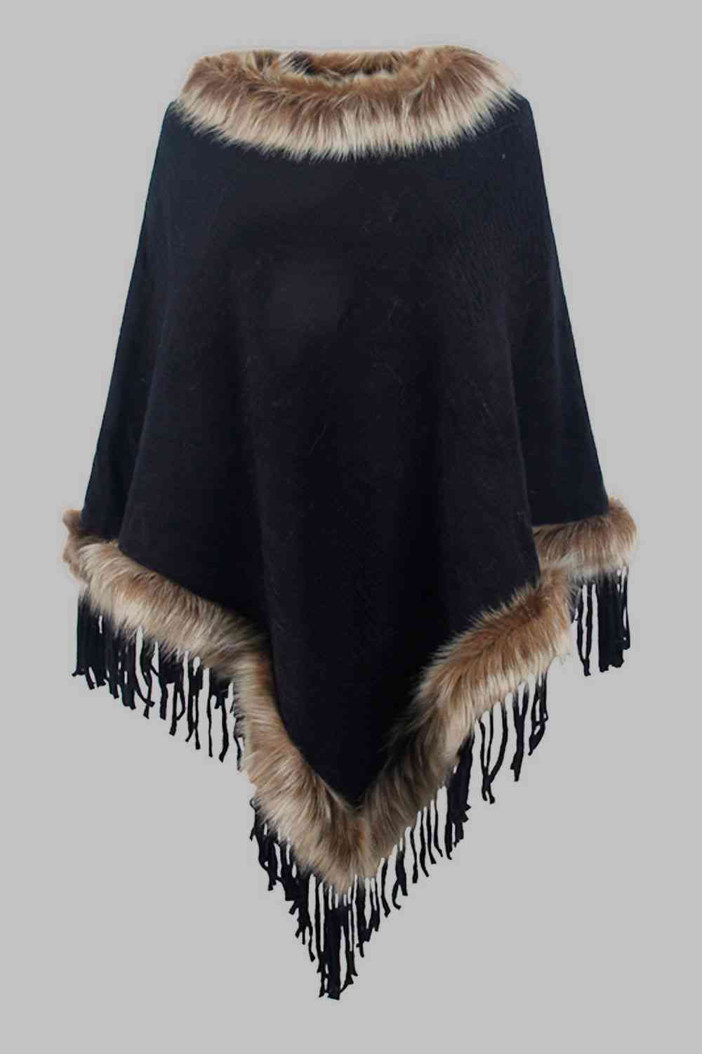 Country Rustic One Size Faux Fur Trim Fringed Poncho