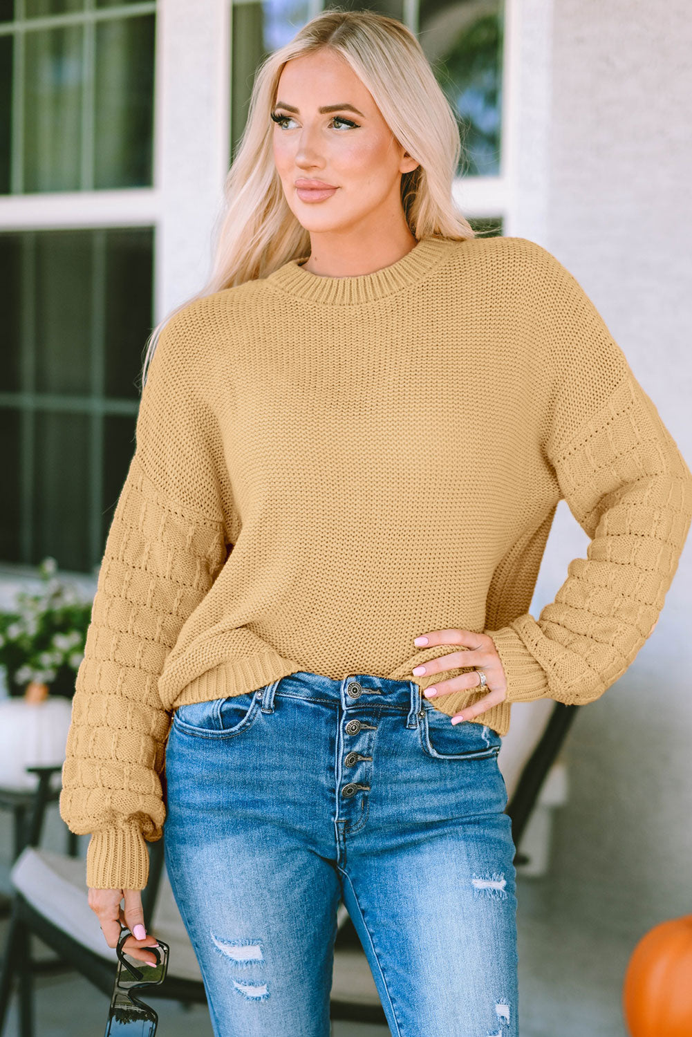 Malibu Dreams Round Neck Dropped Shoulder Waffle-Knit Sweater 🦋