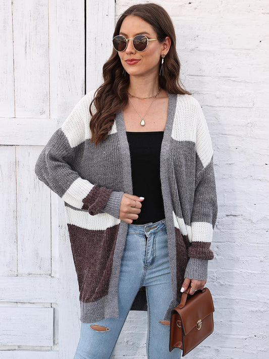 One Size Color Block Open Front Cardigan