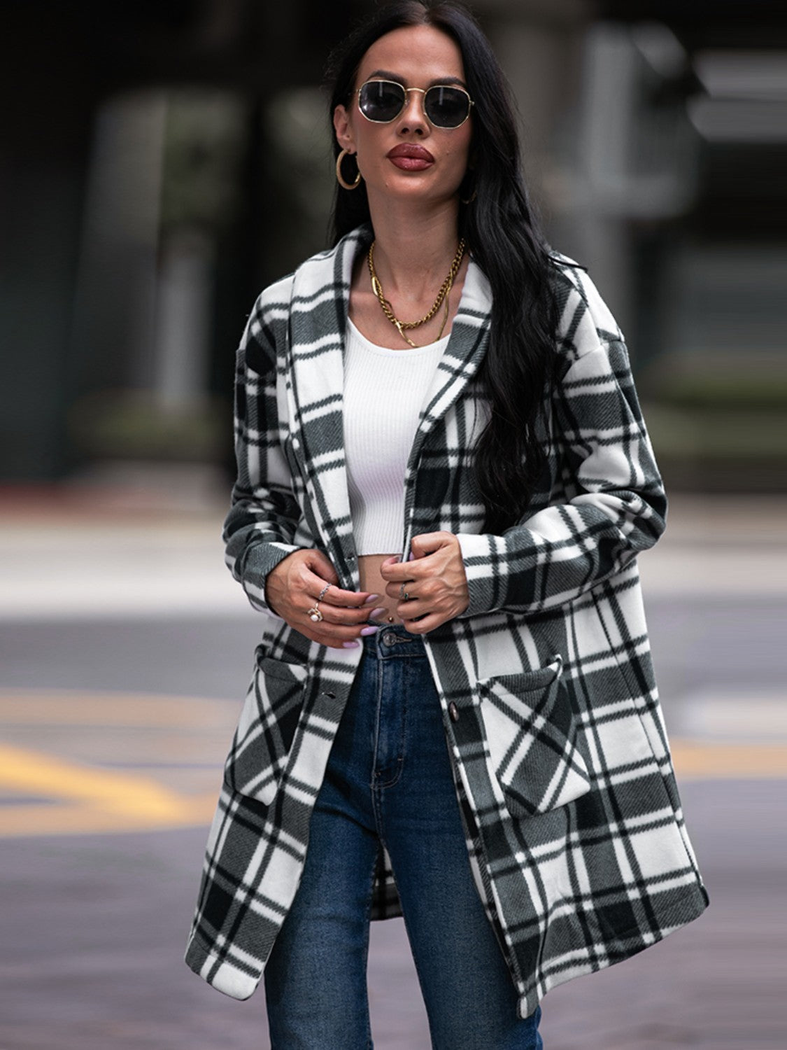 Plaid Shawl Collar Coat with Pockets