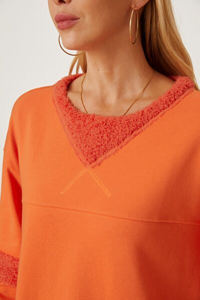 Slit Round Neck Dropped Shoulder Sweatshirt