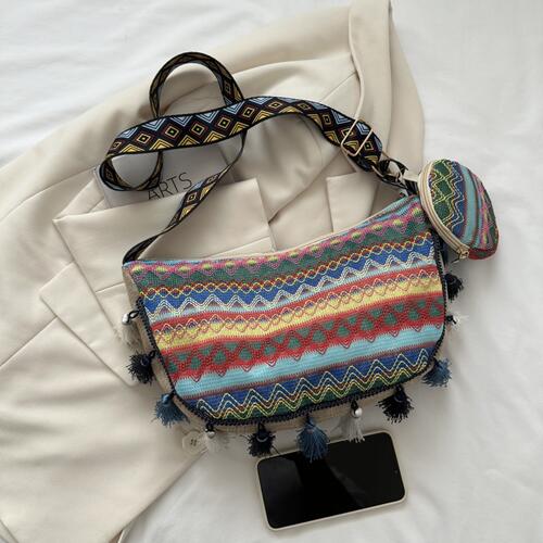 Luxury Pleasures Printed Tassel Detail Crossbody Bag with Small Purse