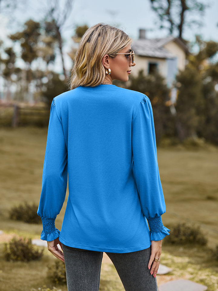 Full Size Notched Neck Flounce Sleeve Blouse