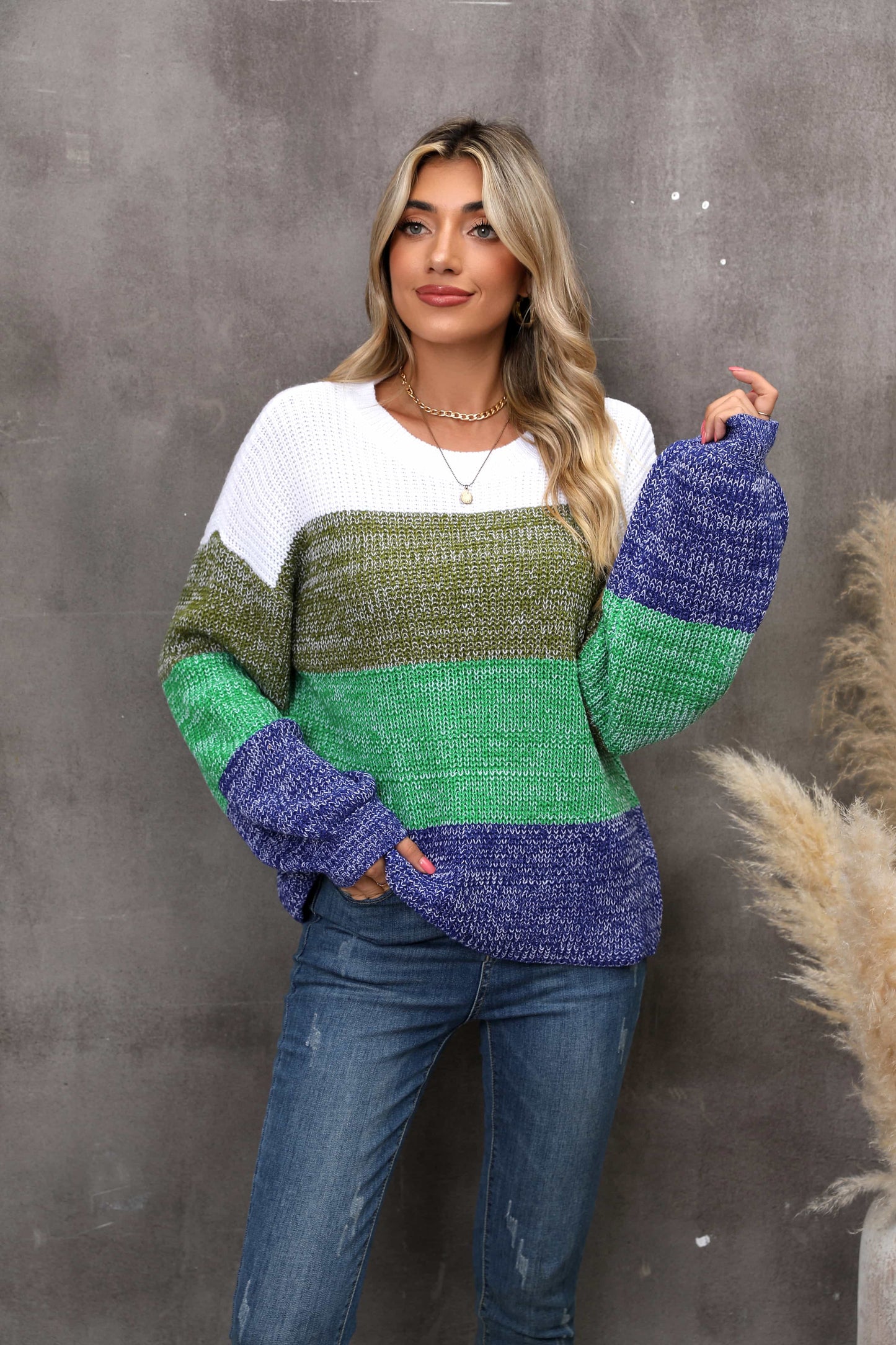 Hannah&Mea Color Block Round Neck Dropped Shoulder Sweater