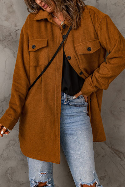 Chestnut Brown Pocketed Button Up Dropped Shoulder Jacket