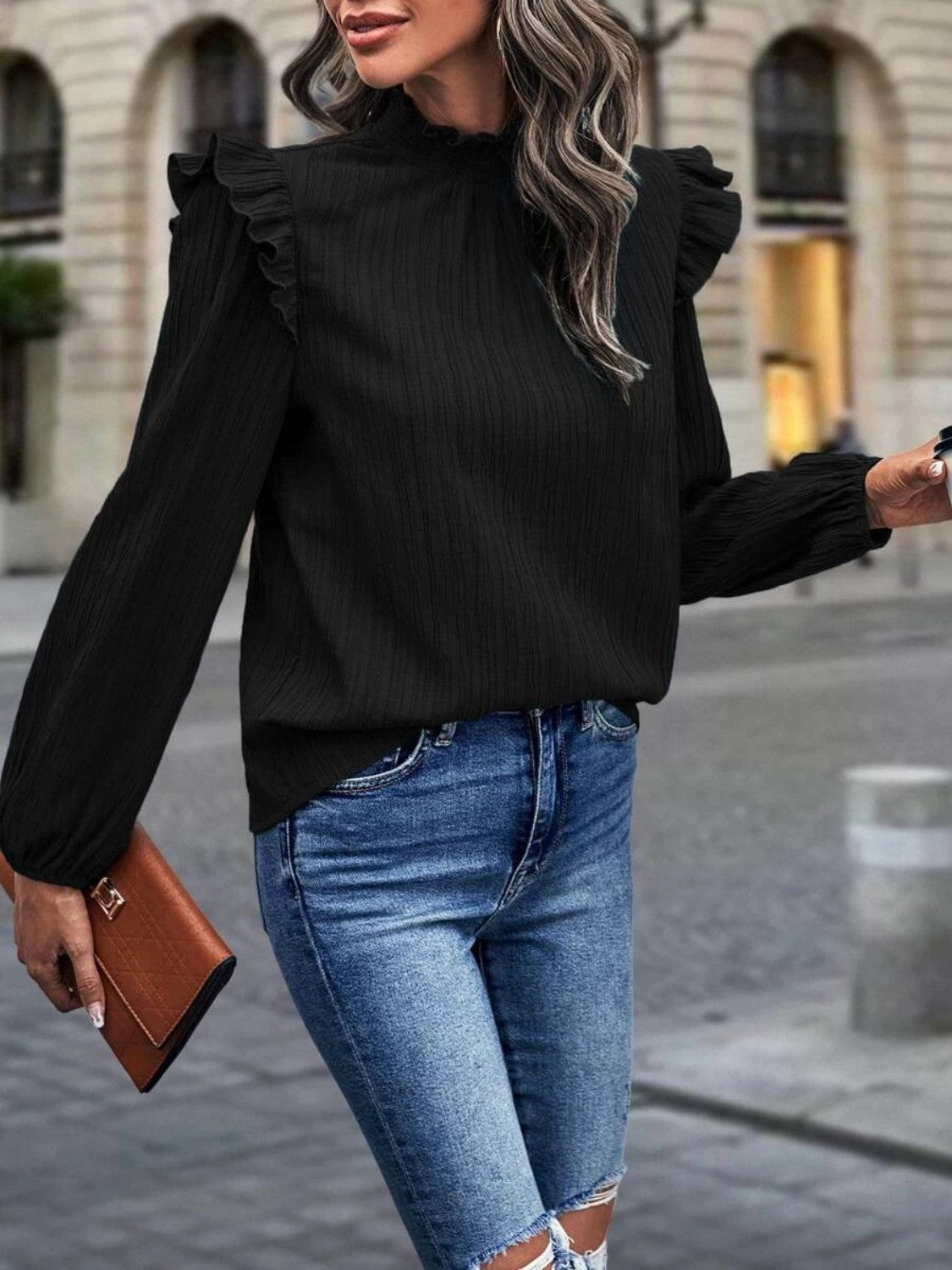 Full Size Mock Neck Ruffle Shoulder Blouse