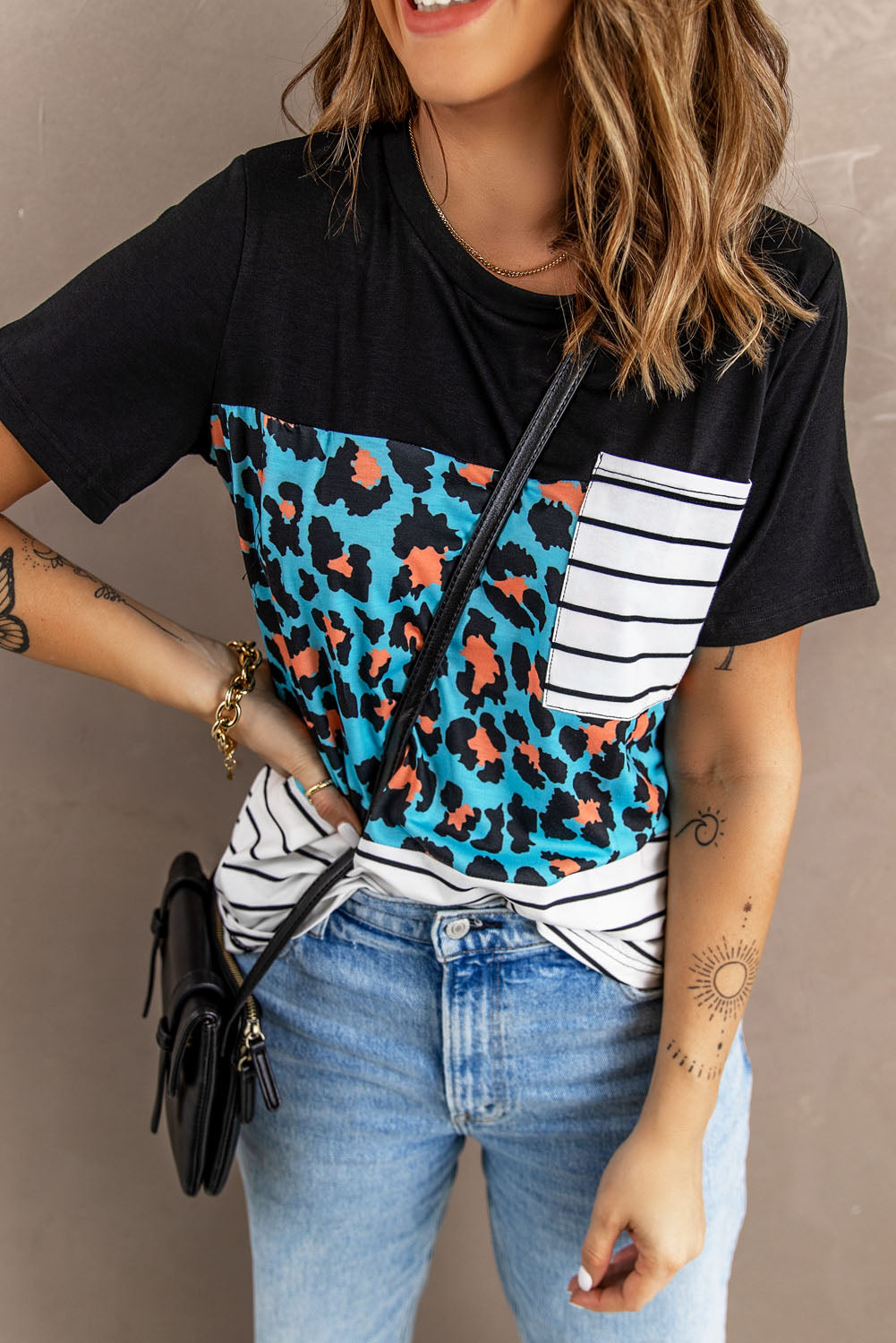 Women's Mixed Print Color Block Round Neck Tee Shirt