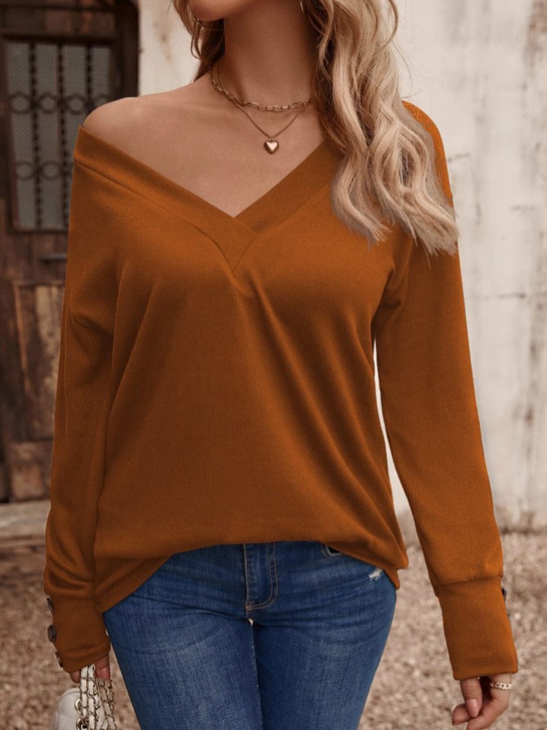 Full Size V-Neck Long Sleeve Top