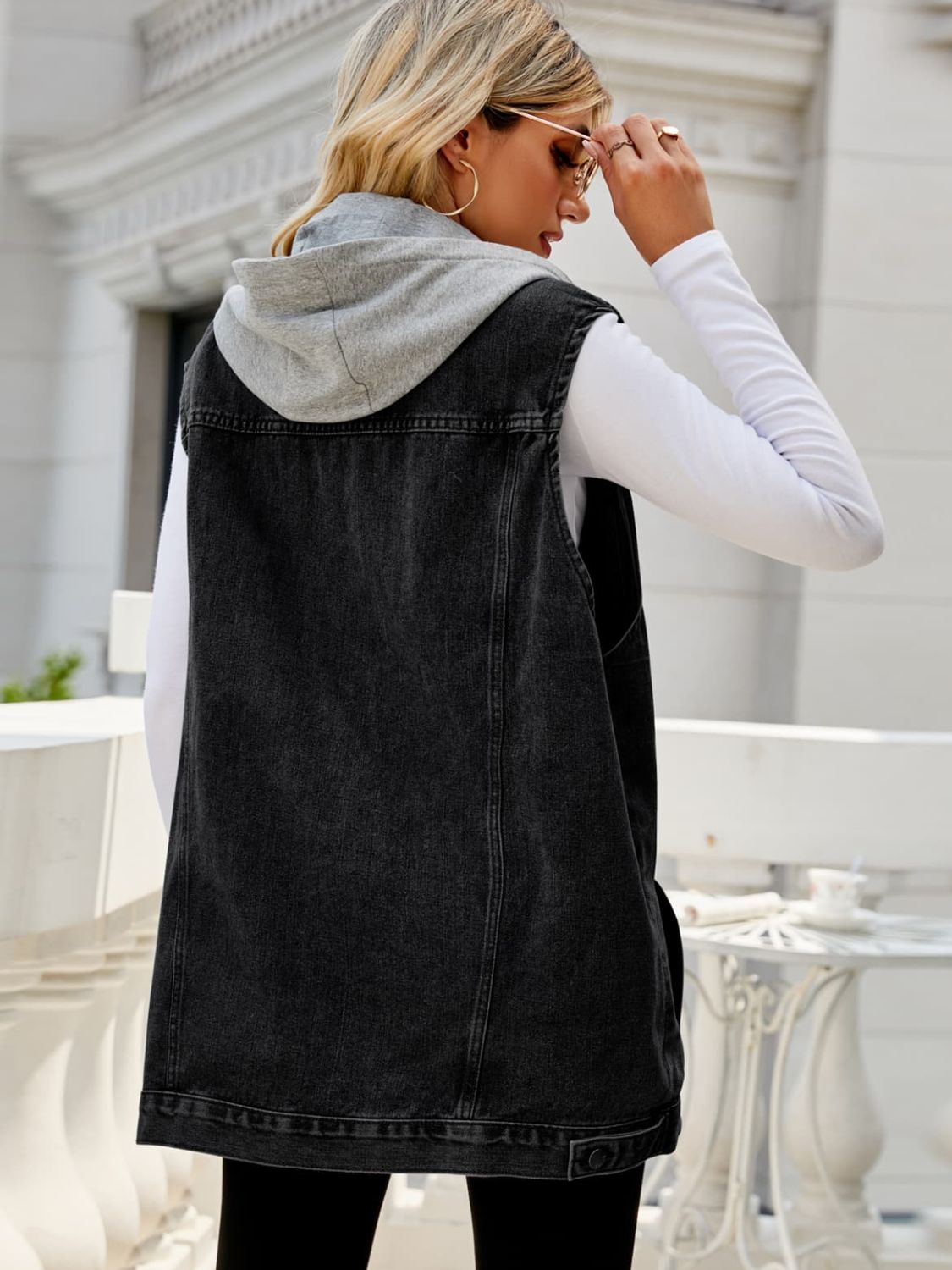 Women's Drawstring Hooded Sleeveless Denim Top with Pockets