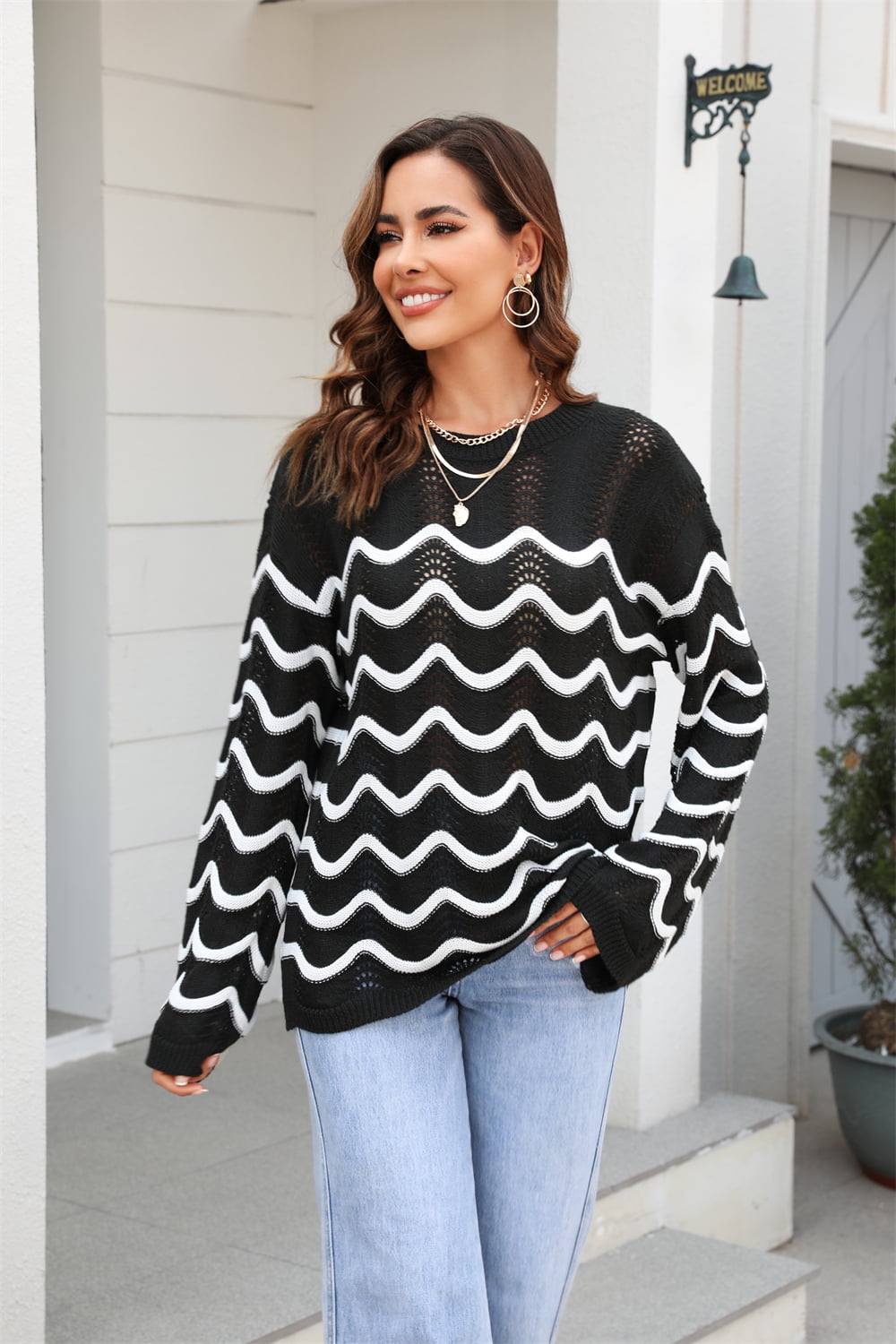 Hannah&Mea Wave Pattern Round Neck Long Sleeve Sweater