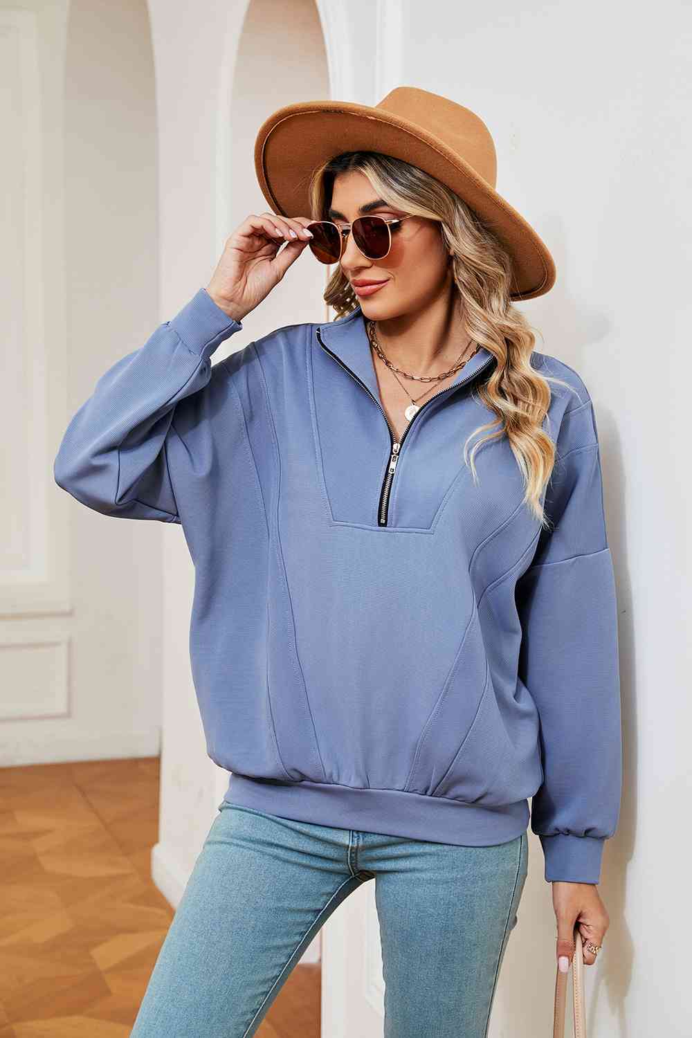 Full Size Half-Zip Dropped Shoulder Sweatshirt