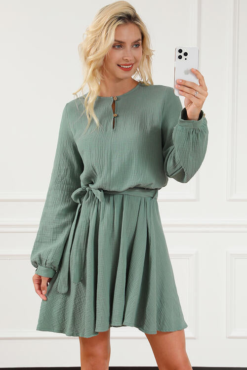 Tie Front Long Sleeve Gum Leaf Green Mini Dress