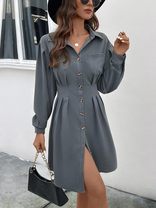 OhSoMini Cloudy Blue Pocketed Buttoned Collared Neck Dress