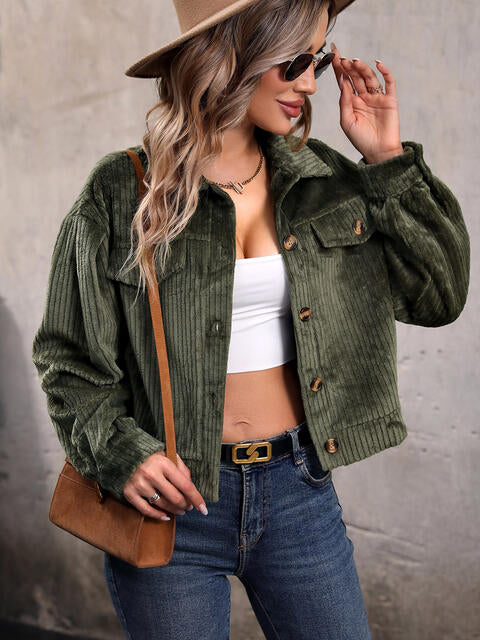 Moss Green Collared Neck Button Front Jacket with Pockets
