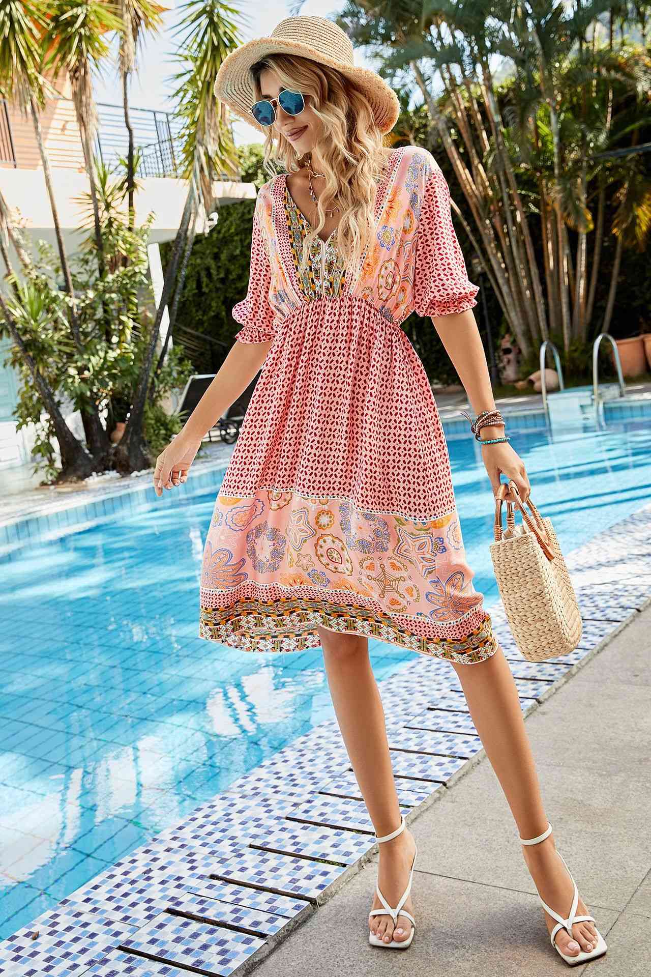 Pink Bohemian Tie Back V-Neck Dress