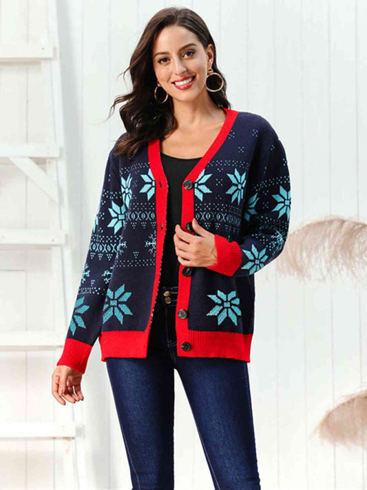 ModDanzyCloset Dark Navy Christmas Snowflake Pattern Button Down Cardigan