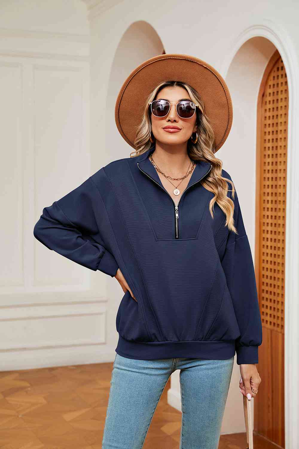 Full Size Half-Zip Dropped Shoulder Sweatshirt