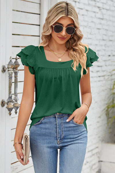 Eyelet Square Neck Cap Sleeve Blouse