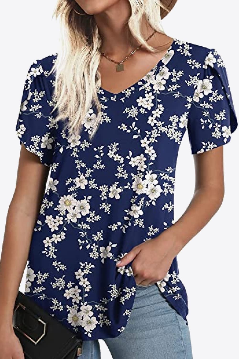 Full Size Printed Petal Sleeve V-Neck Blouse