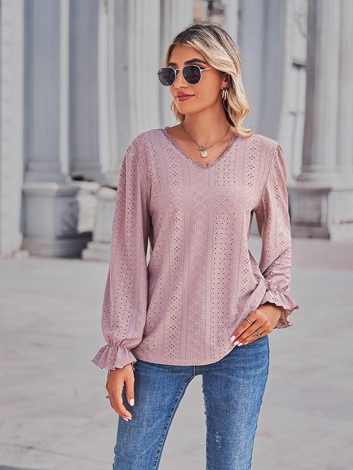 Full Size Eyelet V-Neck Flounce Sleeve Blouse