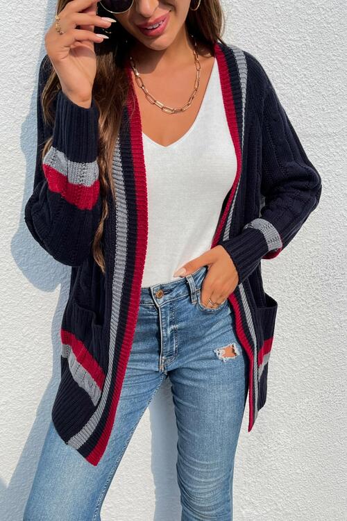 Charming Trends Dark Navy Open Front Striped Long Sleeve Cardigan