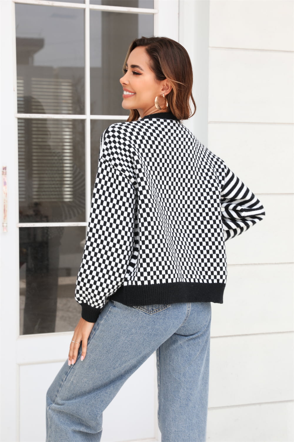 Sophia & Grace Button-Down Stripe & Plaid Contrast Pattern Cardigan