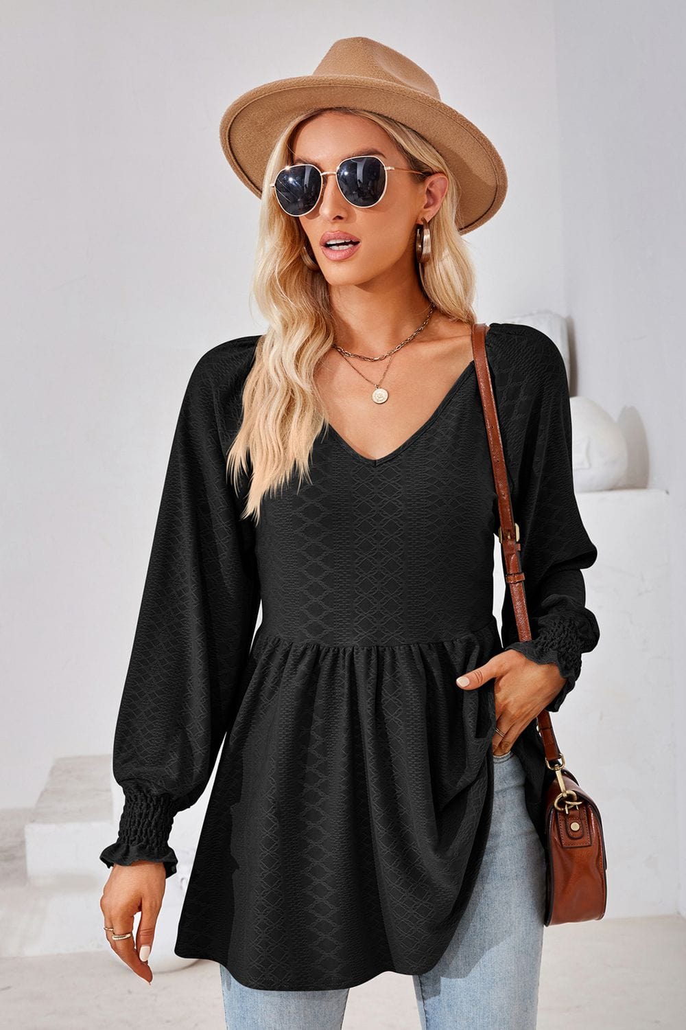 Full Size V-Neck Lantern Sleeve Blouse