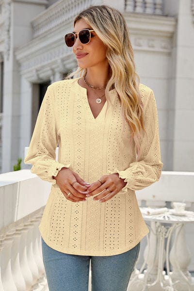 Laura Jay Eyelet Notched Lantern Sleeve T-Shirt