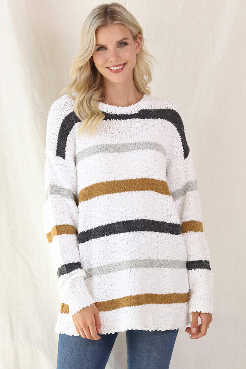 LoversLane Striped Round Neck White Long Sleeve Sweater