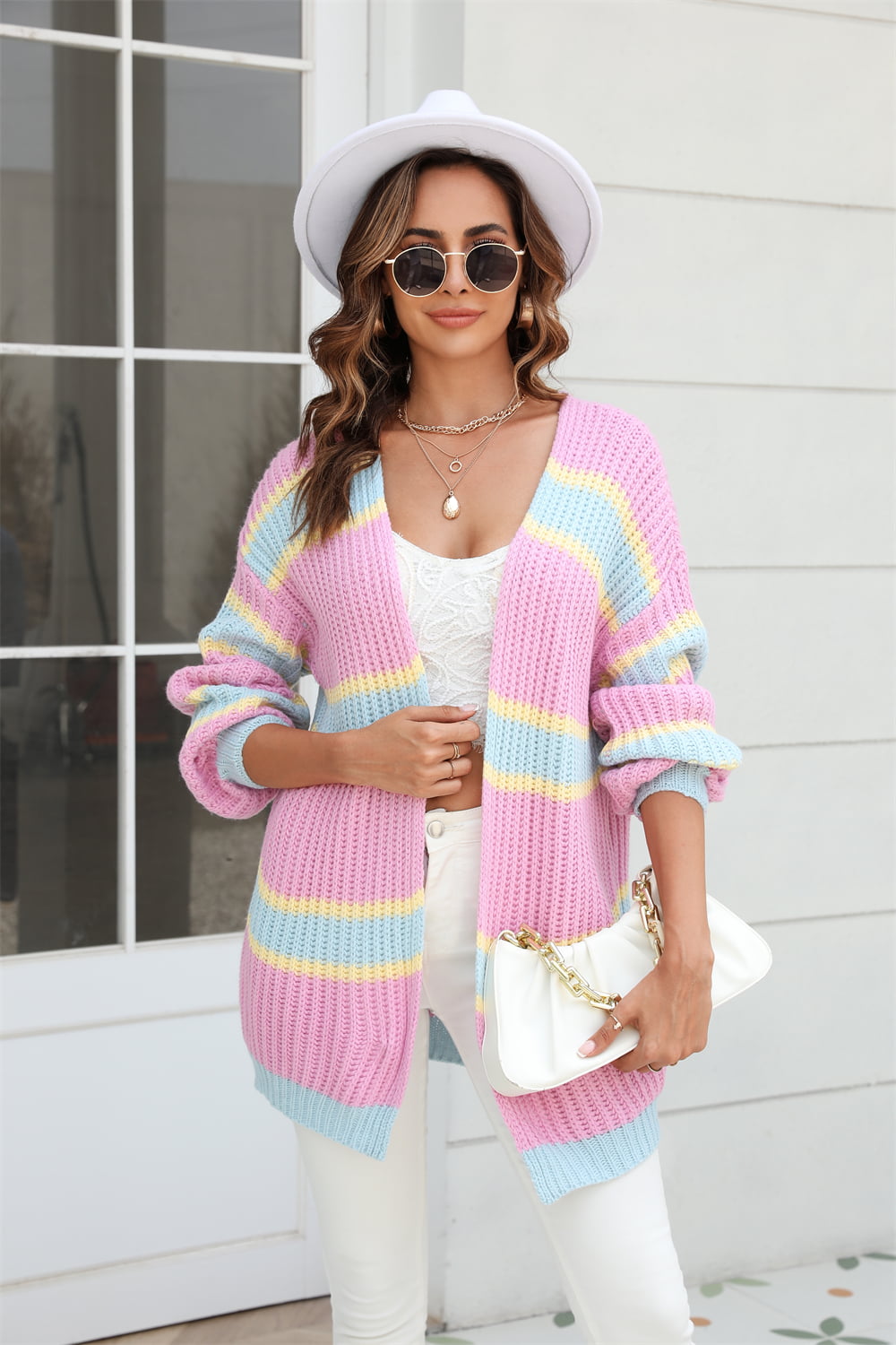 Sophia & Grace Color Block Ribbed Dropped Shoulder Open Front Cardigan