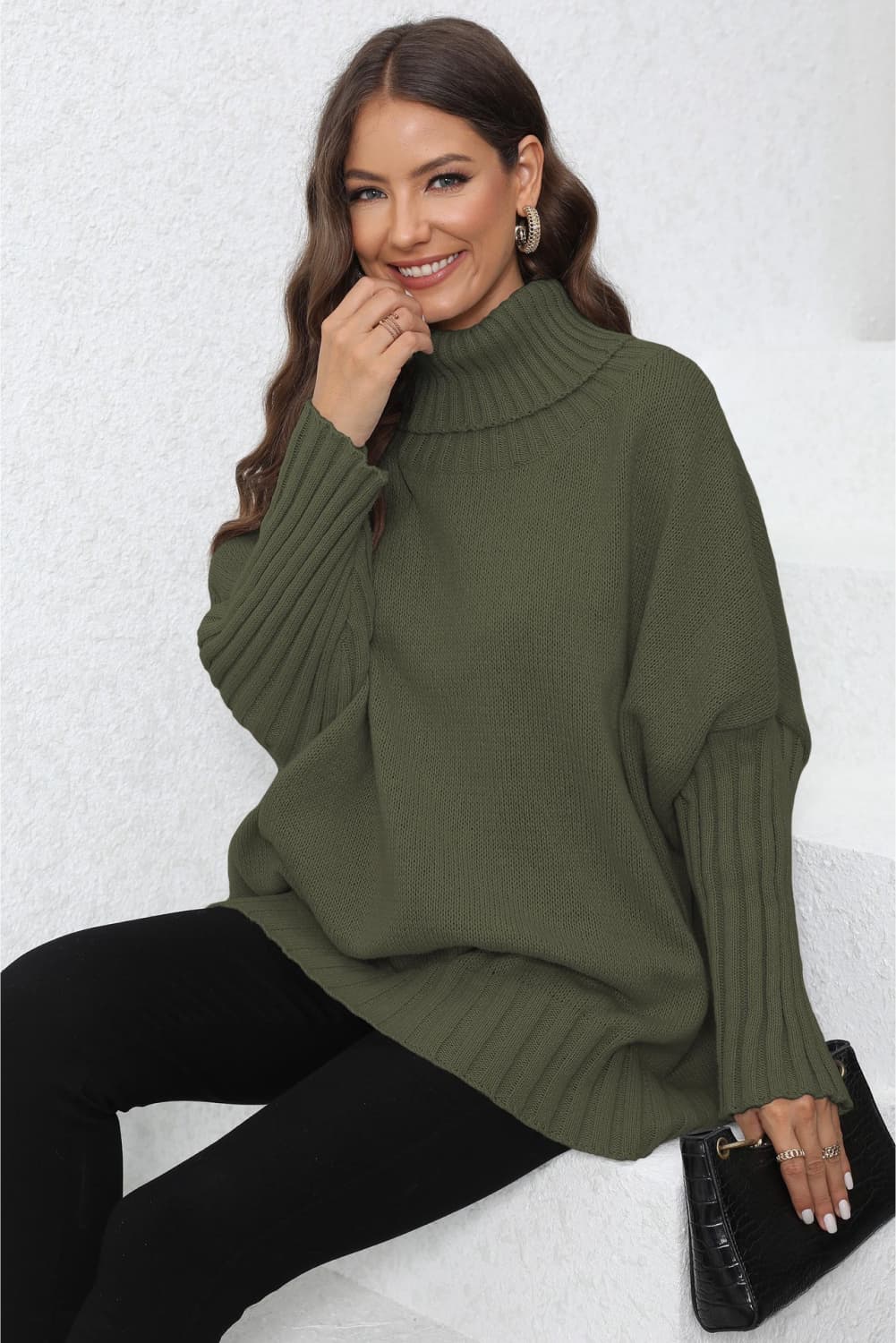 One Size Turtle Neck Long Sleeve Ribbed Sweater