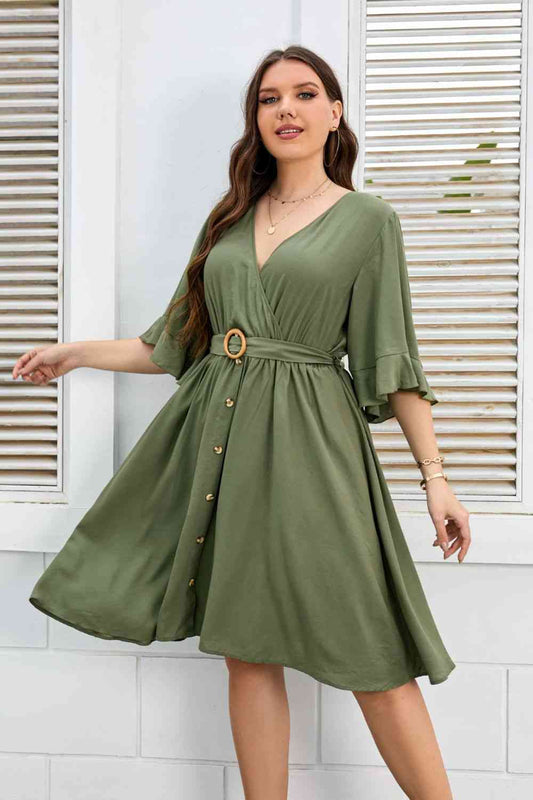 Plus Size Moss Green Surplice Neck Half Sleeve Dress