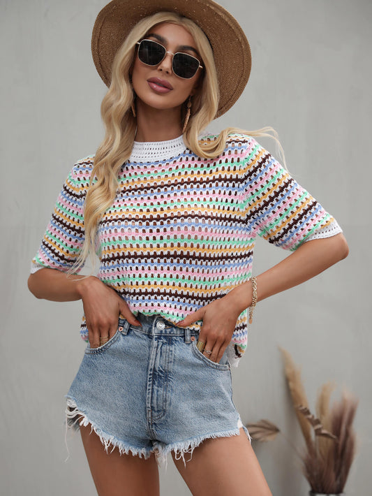 SO CHIC Striped Openwork Half Sleeve Knit Top