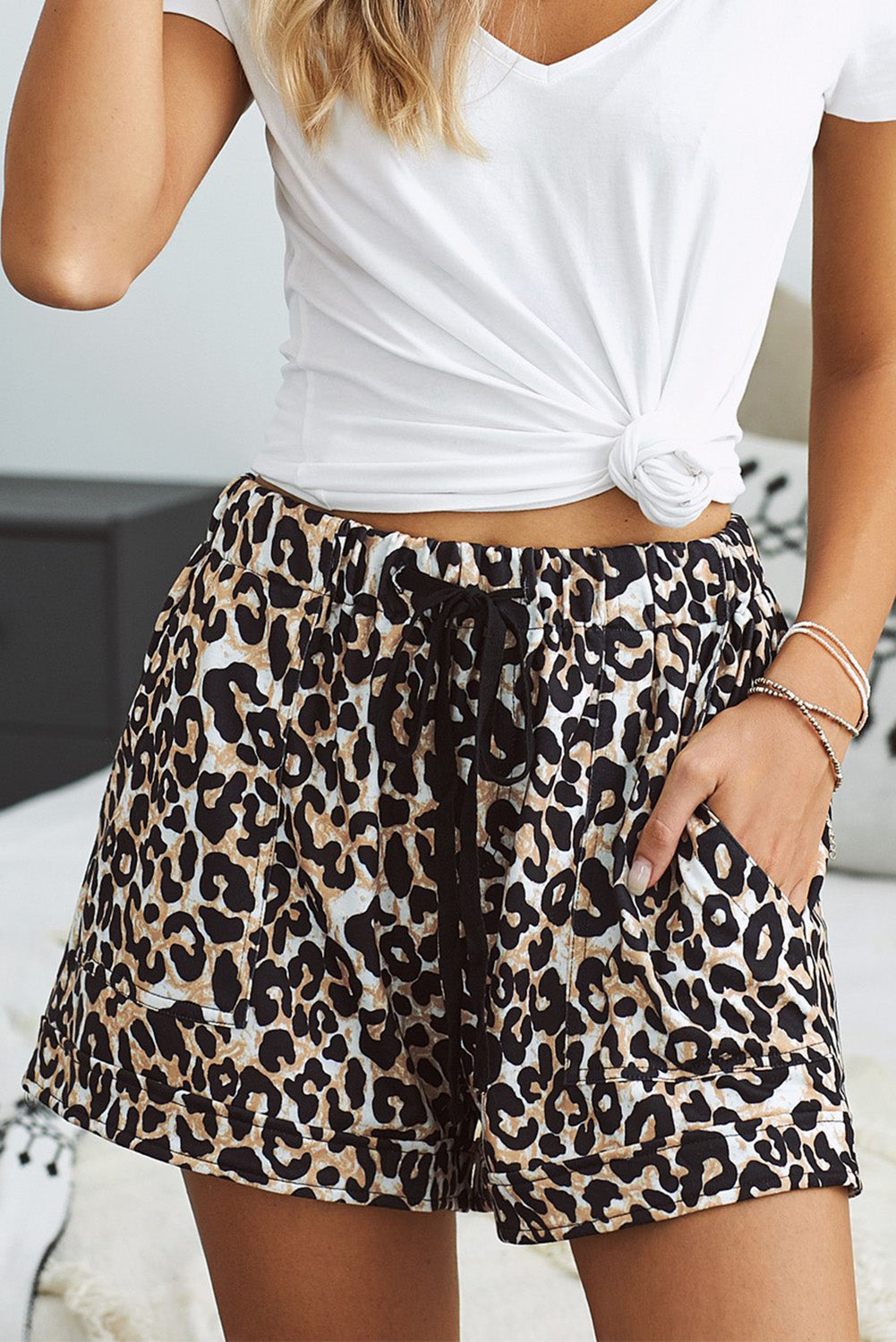Women's Priscilla Full Size Leopard Drawstring Waist Shorts with Side Pockets