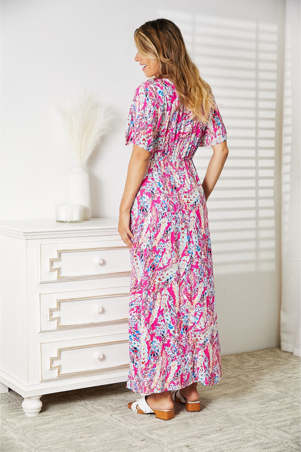 Double Take Hot Pink Multicolored V-Neck Maxi Dress