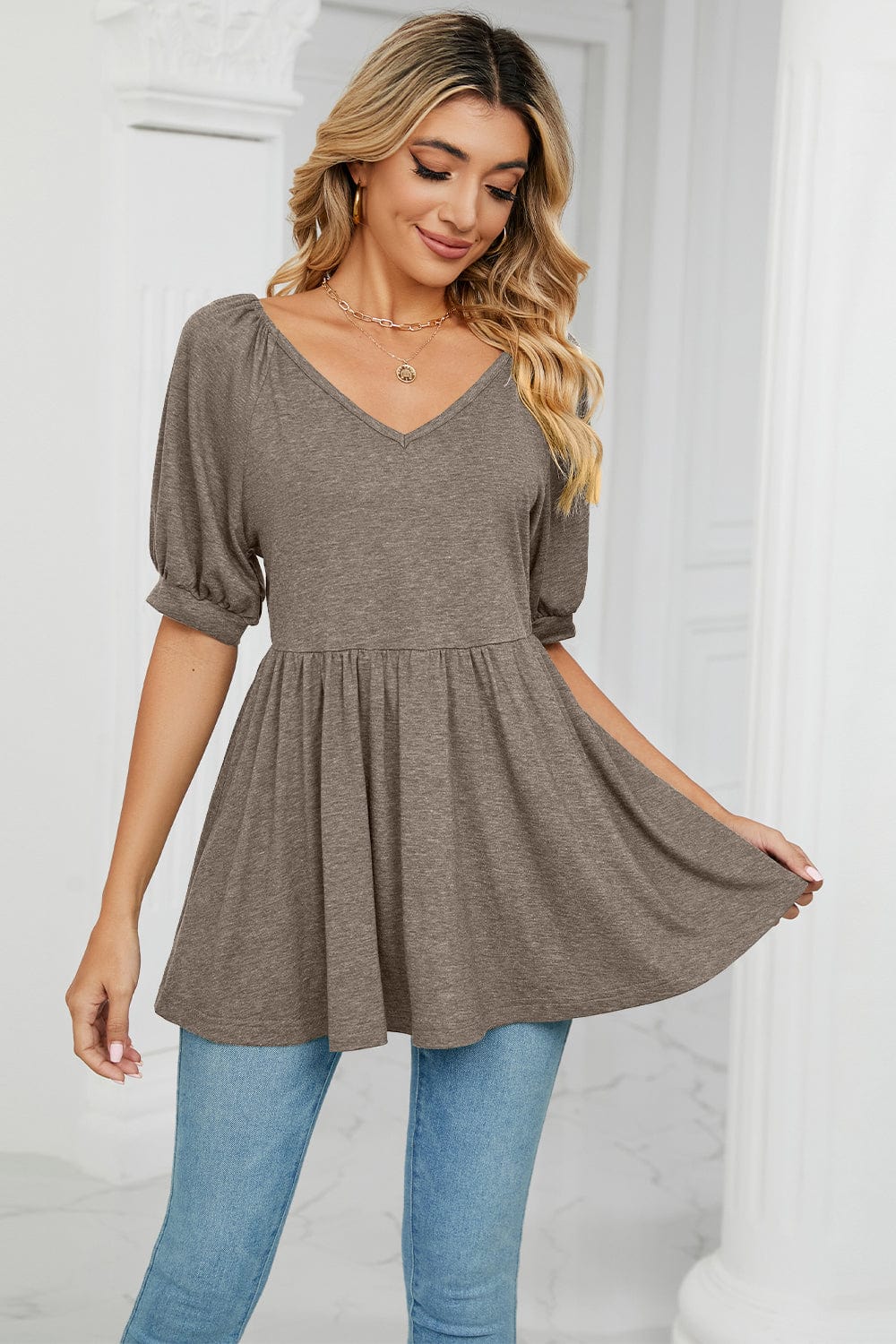 Full Size V-Neck Babydoll Top