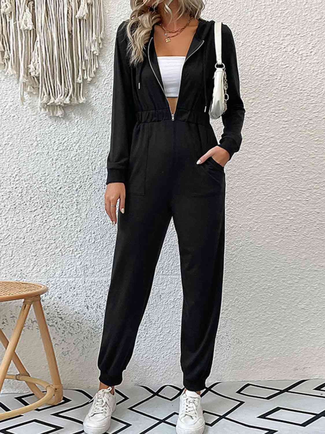 BeautifyJumpers Zip Up Elastic Waist Hooded Jogger Jumpsuit