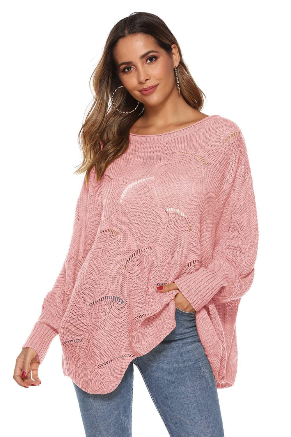 Full Size Round Neck Long Sleeve Openwork Sweater