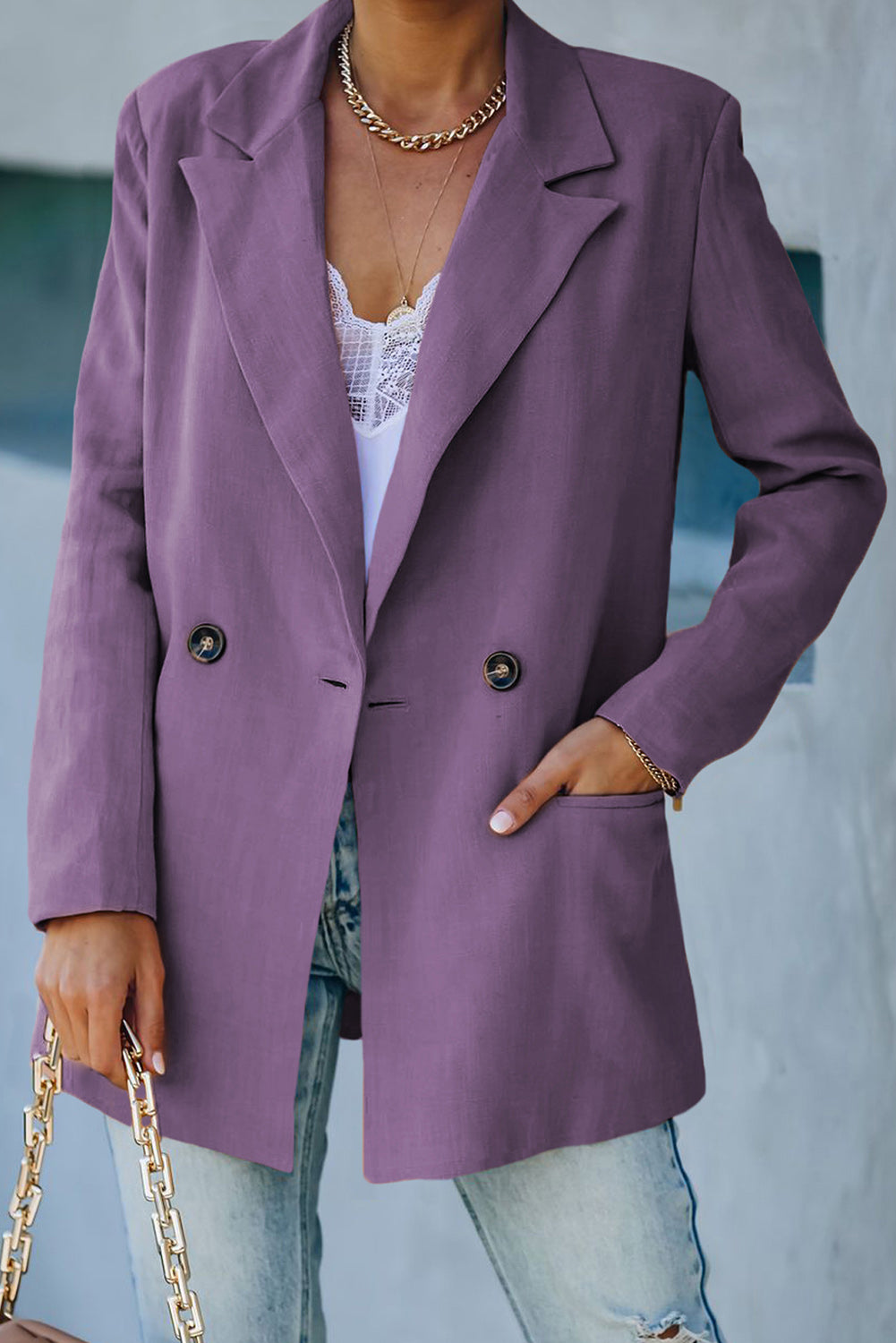 Full Size Double-Breasted Padded Shoulder Blazer with Pockets