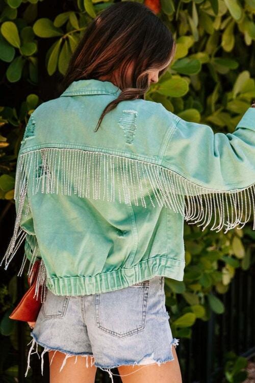 Light Green Fringed Chain Raw Hem Distressed Jacket